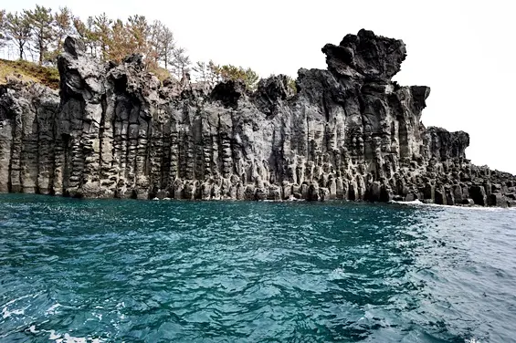 Jusangjeolli Cliff at Jungmun on Jeju Island south coast, dark hexagonal basalt columns formed by cooled lava with waves crashing against Natural Monument No. 443